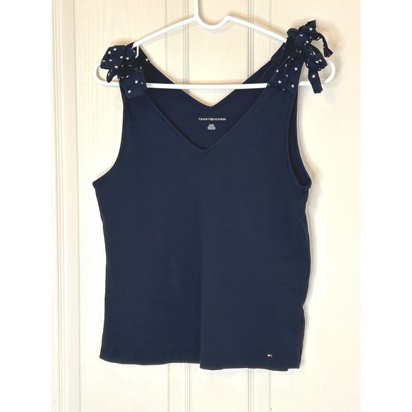Tommy Hilfiger Tops - Tommy Hilfiger Women Navy Blue V Neck Tank Top Star Tie Shoulder Size L July 4th